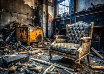 Fototapeta premium Damaged Furniture Pieces Reflecting the Aftermath of a Devastating Arson Incident, Showcasing the Emotional Impact and Stories Behind Each Burned Element