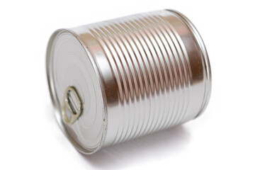 Round Unopened Tin Can Isolated on White Background. Canned Food. Aluminum Can for Safe and Long Term Storage of Food. Steel Sealed Food Storage Container - Isolation