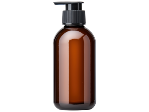 A sleek and modern amber glass bottle with a black pump lid, ideal for packaging lotions, shampoos, or other cosmetic products, isolated on a transparent background for easy editing.