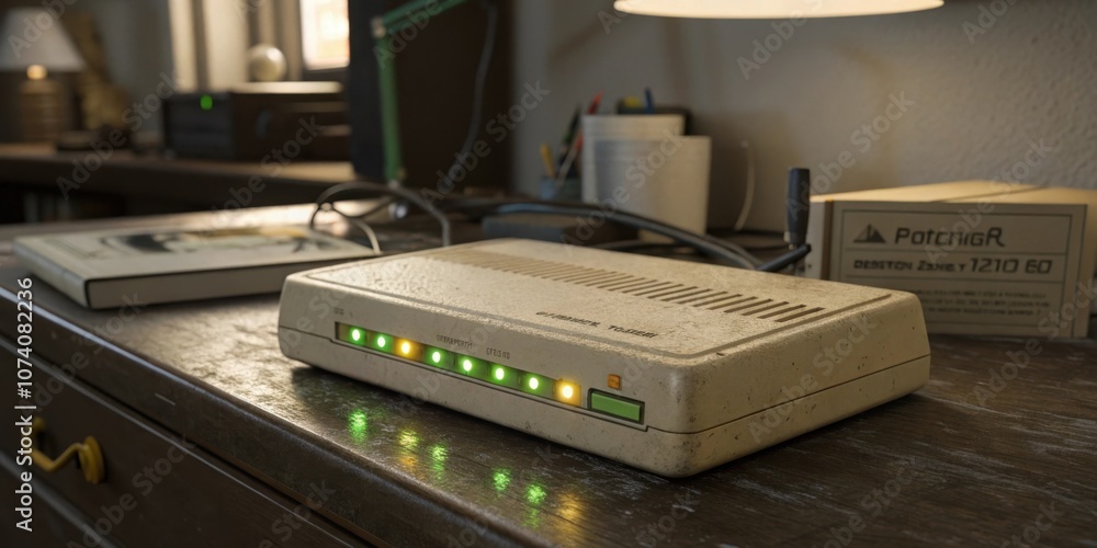 Poster soft glow a retro modem sits on a desk its beige casing slightly worn from years of use. tiny green 