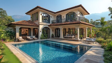 Fototapeta premium Luxury villa with a private pool and mountain views.