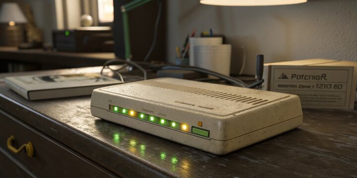 Soft Glow A retro modem sits on a desk its beige casing slightly worn from years of use. Tiny green and yellow LED lights blink rhythmically casting a soft glow in a dimly lit room