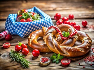 Delicious Close-Up of Freshly Baked Bavarian Kuchen and Pretzel with Festive Decor for Oktoberfest in Munich, Ideal for Food Photography and Promotional Materials