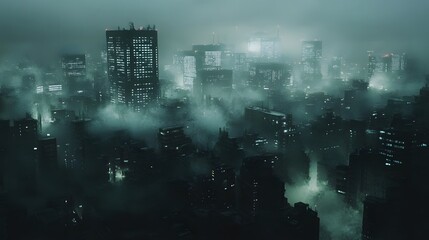 Naklejka premium Aerial view of a misty, neon-lit cityscape at night, evoking a mysterious atmosphere.