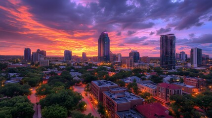 Fototapeta premium Stunning sunset over a vibrant urban skyline with dramatic clouds.