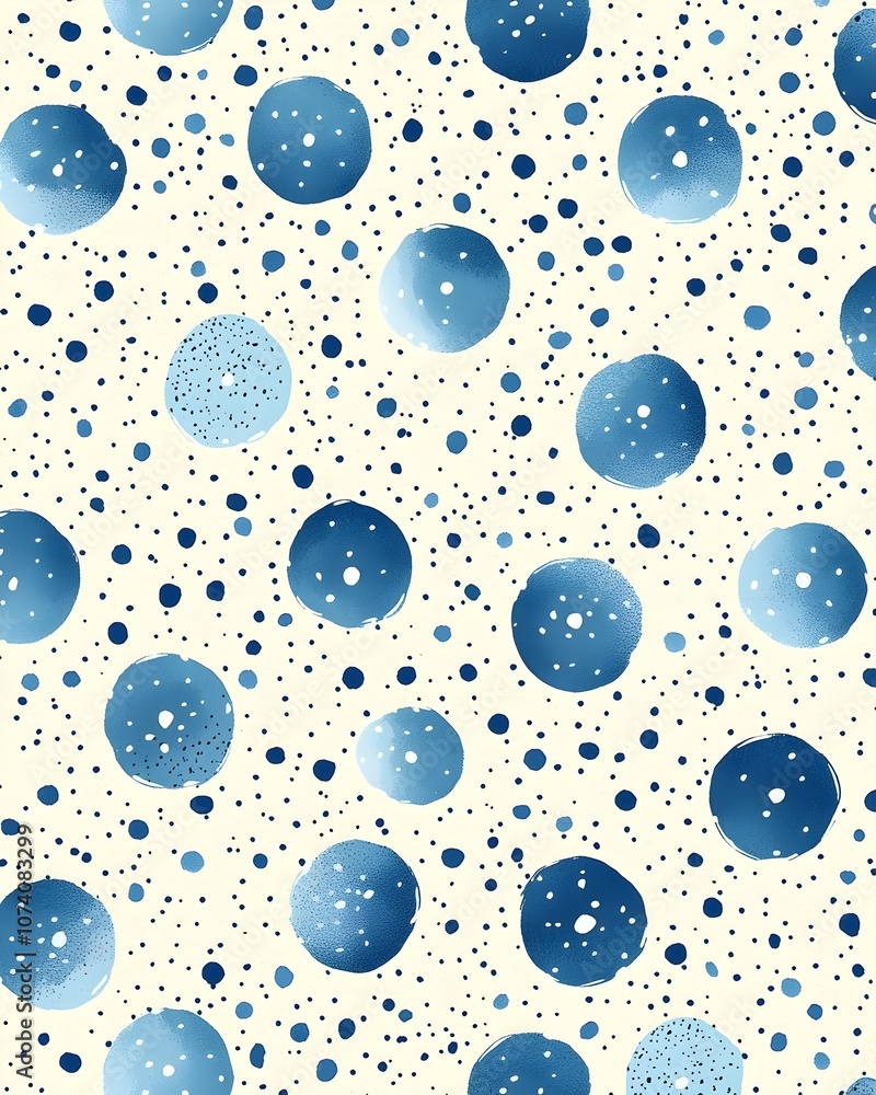 Poster a serene pattern featuring various shades of blue circles set against a soft cream background, creat