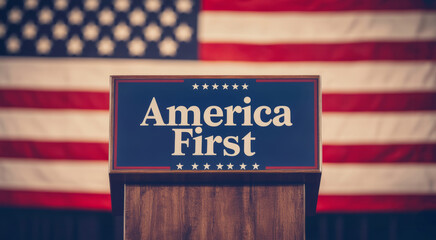Rednerpult mit "America First" Schild vor US-Flagge.
