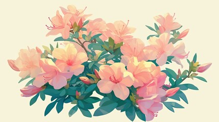 Obraz premium Pink Azalea Blossoms with Green Leaves on a Light Beige Background