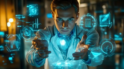 Young Caucasian male doctor interacting with digital health interface.