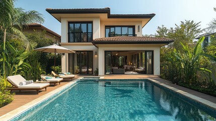 Fototapeta premium Modern luxury home with private pool and patio.