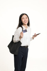 Asian business woman hand holding credit card and smartphone for paying shopping online isolated and white background.Beautiful girl excited and happiness shopping online on cellphone with credit card