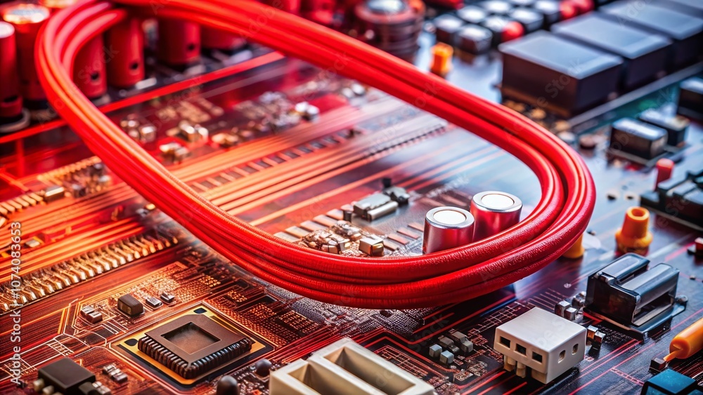 Poster detailed close-up of a red circuit board cable on a computer motherboard with copy space for technol