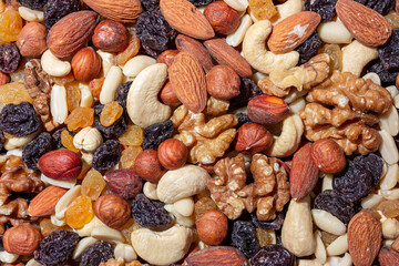 Mixed Nuts: Almonds, Walnuts, Cashews, Peanuts, Hazelnuts, Dried Prunes and Raisins. Different Nut Mix. Background from Various Nuts and Dried Fruits