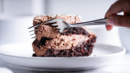Chocolate cake with fork on white plate. Selective focus.