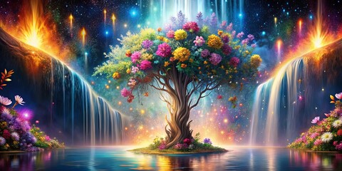 Obraz premium A Serene Oasis Amidst a Celestial Tapestry, Where Cascading Waters Embrace a Flourishing Tree, Its Branches Reaching Towards a Sky Adorned with Glimmering Lights
