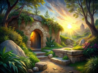 Discovering the Empty Tomb: A Digital Watercolor Painting Depicting the Resurrection of Jesus Amidst Urban Exploration and Ancient Landscapes