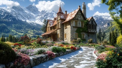Alpine Castle Grandeur: Snowy Elegance and Floral Splendor