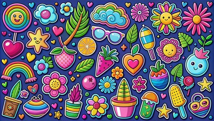 Naklejka premium A vibrant and cheerful collection of hand-drawn whimsical patterns featuring a rainbow, smiling sun, hearts, flowers, fruit, and other joyful elements.