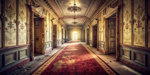 Obraz premium A forgotten hallway with faded grandeur, sunlight streaming through a window at the end, illuminating a dusty red carpet, a testament to a time of elegance now lost