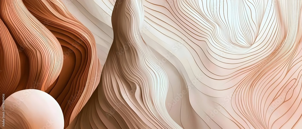 Poster an abstract composition featuring flowing lines and soft curves in warm beige and terracotta tones, 