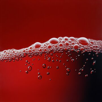 Close-up of red bubbles along a wavy line on a deep red background, creating a rich and bold visual with a sense of motion and vibrancy