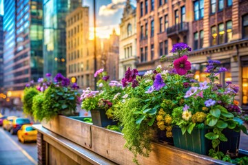 Fototapeta premium Double Exposure of Vibrant Window Flower Boxes with Green and Purple Plants, Showcasing Nature’s Beauty Against Urban Backdrops in a Captivating Artistic Display
