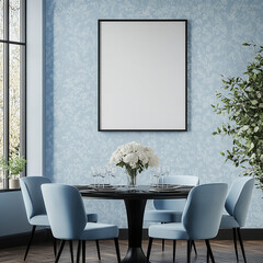 An empty rectangular frame mockup in black, placed on the wall of a dining room with light blue wallpaper and a round table with chairs