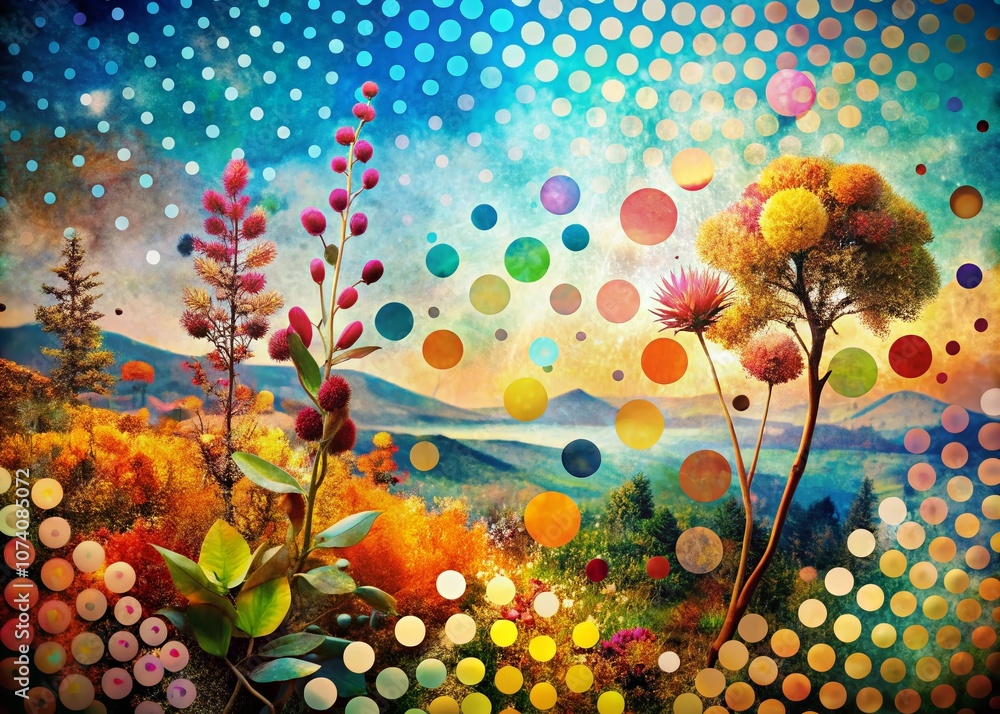 Poster double exposure photography of nature and polka dot textured paper background combining abstract art