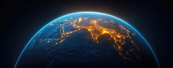 Obraz premium Earth viewed from space, illuminated city lights revealing geographic features.