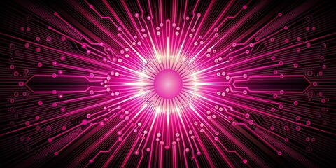 Fototapeta premium A radiant pink glow emanates from a central hub, illuminating a circuit board design of intricate pathways and interconnected nodes.