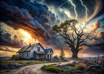 Dramatic Double Exposure of Storm-Damaged Homes and Churning Clouds Reflecting the Devastation of a Hurricane in an Emotional and Impactful Visual Representation