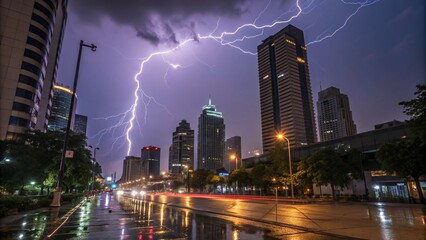 Dramatic Lightning Strike Illuminating the Skyline of a Bustling City in Thailand at Night, Capturing the Energy and Beauty of Nature's Power Against Urban Architecture