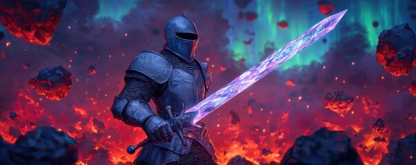 Fototapeta premium A knight in armor wielding a glowing sword against a mystical backdrop.