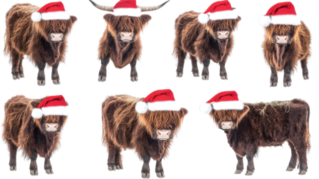 Highland Cows Celebrating Christmas With Festive Santa Hats Generative AI