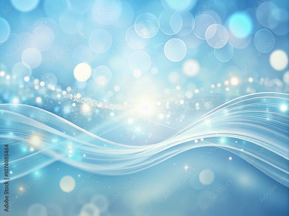 Poster dreamy abstract light blue background with flowing wavy lines and sparkling bokeh light effects for 
