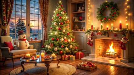 A cozy Christmas living room with a glowing fireplace, a decorated tree, and a snowman sitting by the window