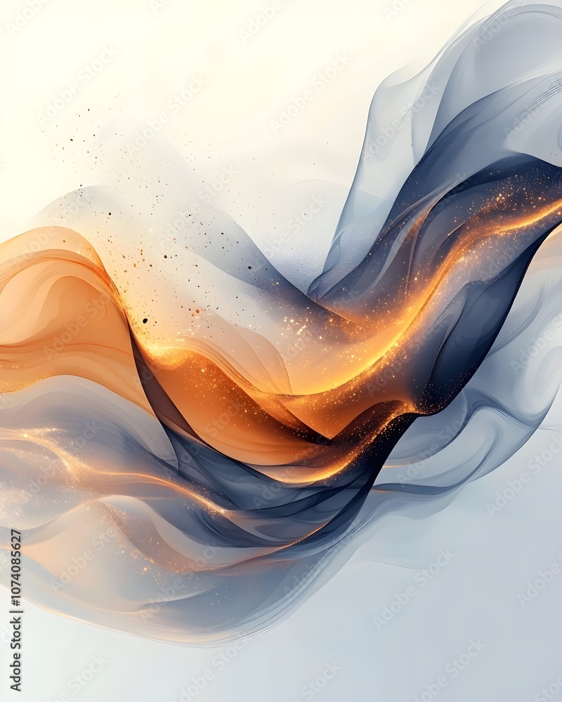 Poster an abstract composition featuring fluid waves in gradients of orange and blue, creating a sense of e