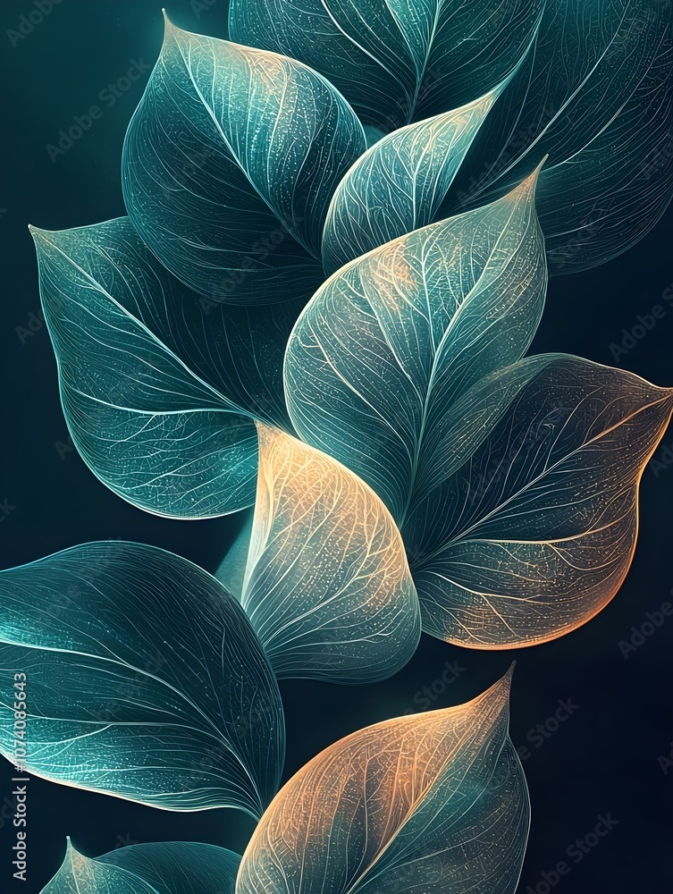 Poster a close-up view of vibrant, layered leaves showcasing intricate patterns and a gradient of teal and 