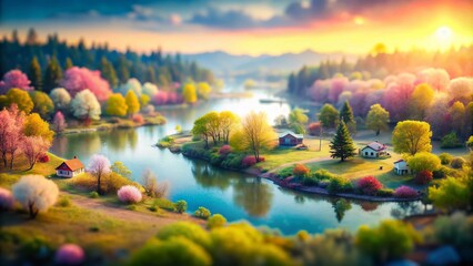Fototapeta premium Dreamy Pastel Watercolor Scene in Tilt-Shift Photography Style, Capturing Soft Hues and Gentle Blurs for a Whimsical Atmosphere, Perfect for Art and Design Projects