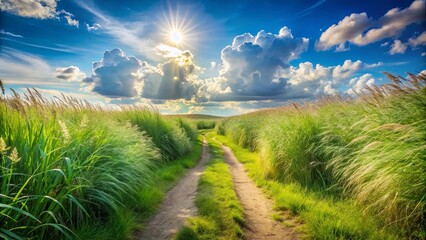Obraz premium Sun-drenched path meandering through tall grass under a canopy of fluffy clouds and a radiant sun.