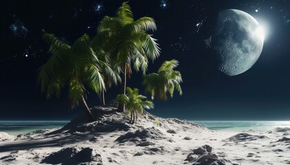 Lush tropical island under starry night, planted on cosmic landscape illuminated by moon?s glow, blend of earthly and celestial wonder.