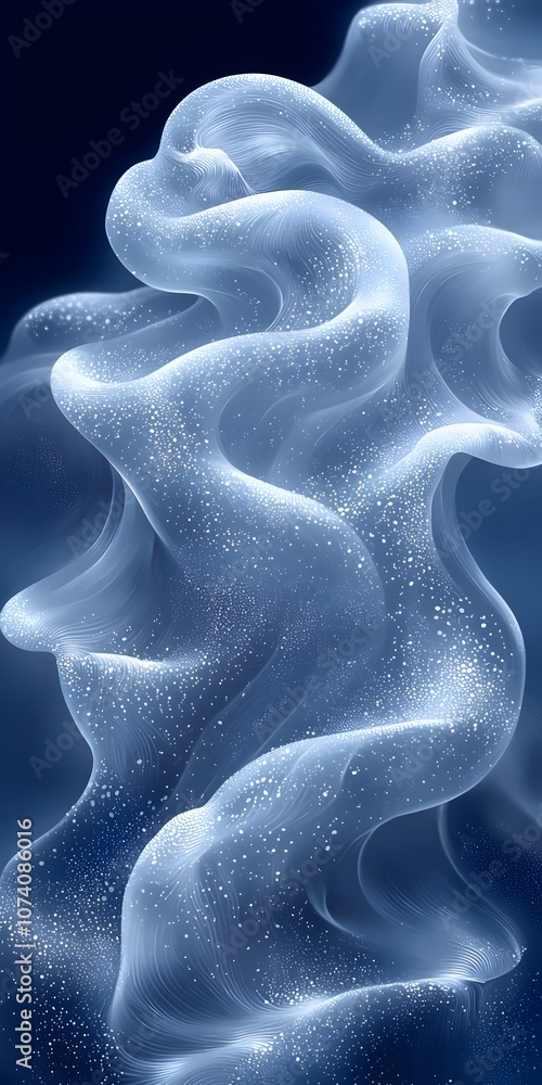 Poster an abstract representation of flowing waves in shades of blue and white, creating a misty atmosphere