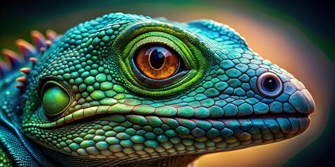 Fototapeta premium A close-up portrait of a lizard's head, showcasing the intricate patterns of its scales, the piercing intensity of its golden eye, and the subtle hints of blue and green that blend across its skin.