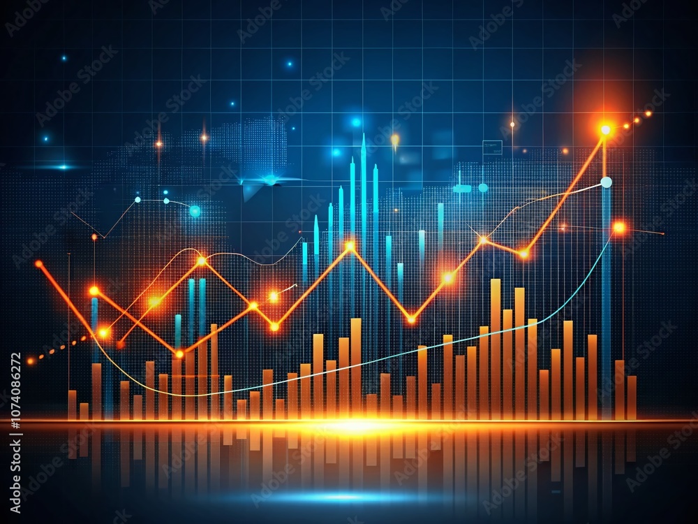 Aufkleber dynamic financial data visualization with glowing orange graphs against a dark blue background showc