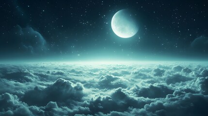 A serene night sky with a glowing moon over soft, swirling clouds.