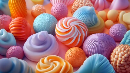 Colorful confectionery display with swirls and textures in pastel shades.