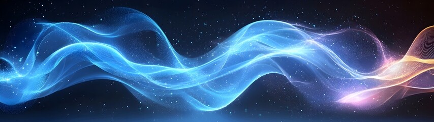 A mesmerizing wave of blue and purple light swirls gracefully across a dark background, creating a sense of movement and depth in a dreamlike atmosphere.
