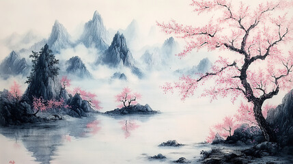A traditional Chinese-style painting depicts an island surrounded by misty mountains, with cherry blossoms and trees in the foreground
