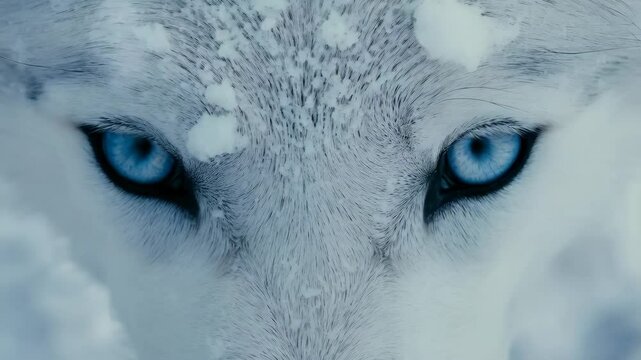 Closeup of beautiful wild white arctic wolf in cold snowy winter forest. Wolf pack in hunt. Wild hunter, dangerous animal in nature habitat. Wildlife scene