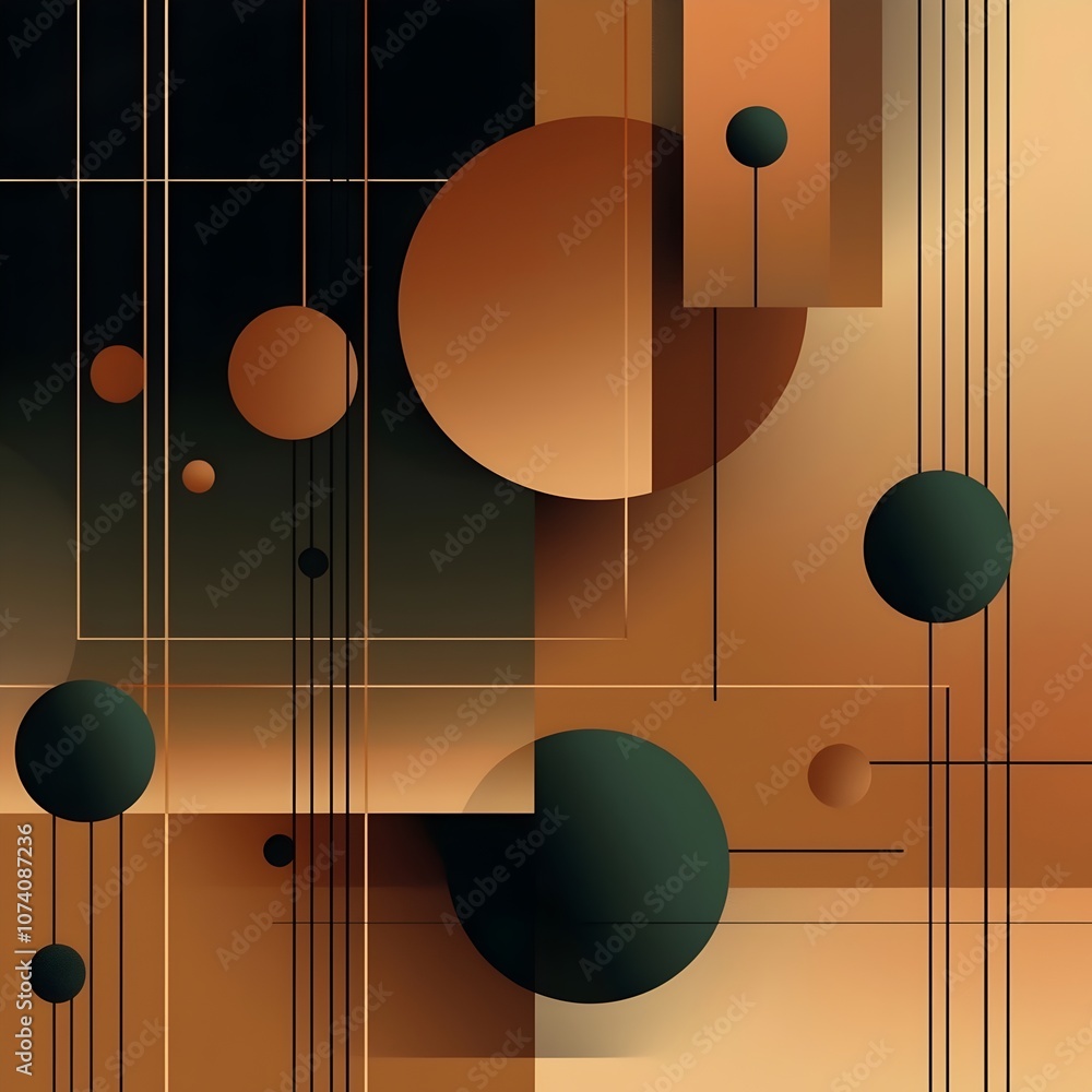 Poster an abstract geometric design featuring a harmonious blend of brown and deep green shapes, with circl